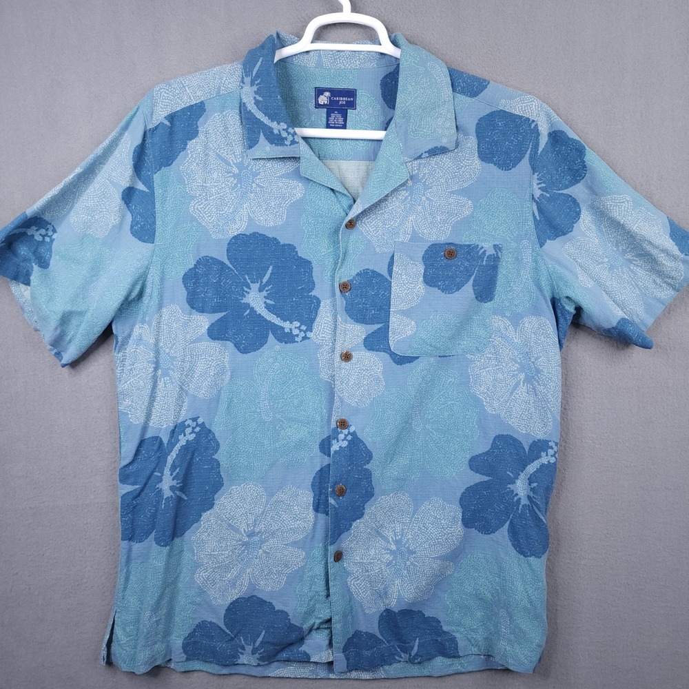 Caribbean Joe Mens XL Blue Floral Hibiscus 100% Silk Short Sleeve Button Shirt